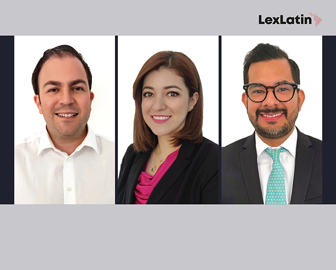 Antonio Guirola, Adriana Portillo y Kevin Vargas, socios de Lexincorp - El Salvador. La incorporación de Kevin Vargas al equipo de Litigios y arbitrajes fue la más reciente. / Diseño: Miguel Loredo - LexLatin.
